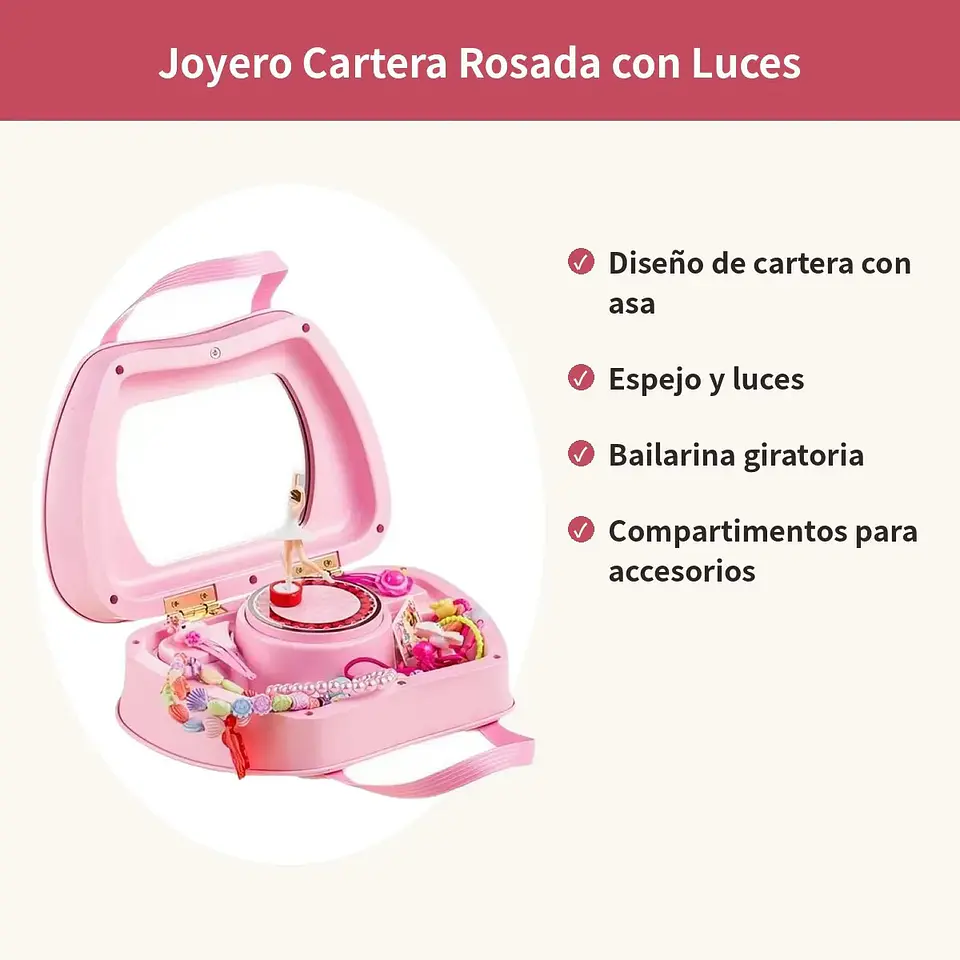 Joyero Musical Cartera Rosada Con Luces Espejo Bailarina 4