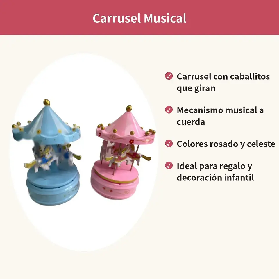Caja Musical Carrusel Caballitos Rosado Celeste Regalo 4