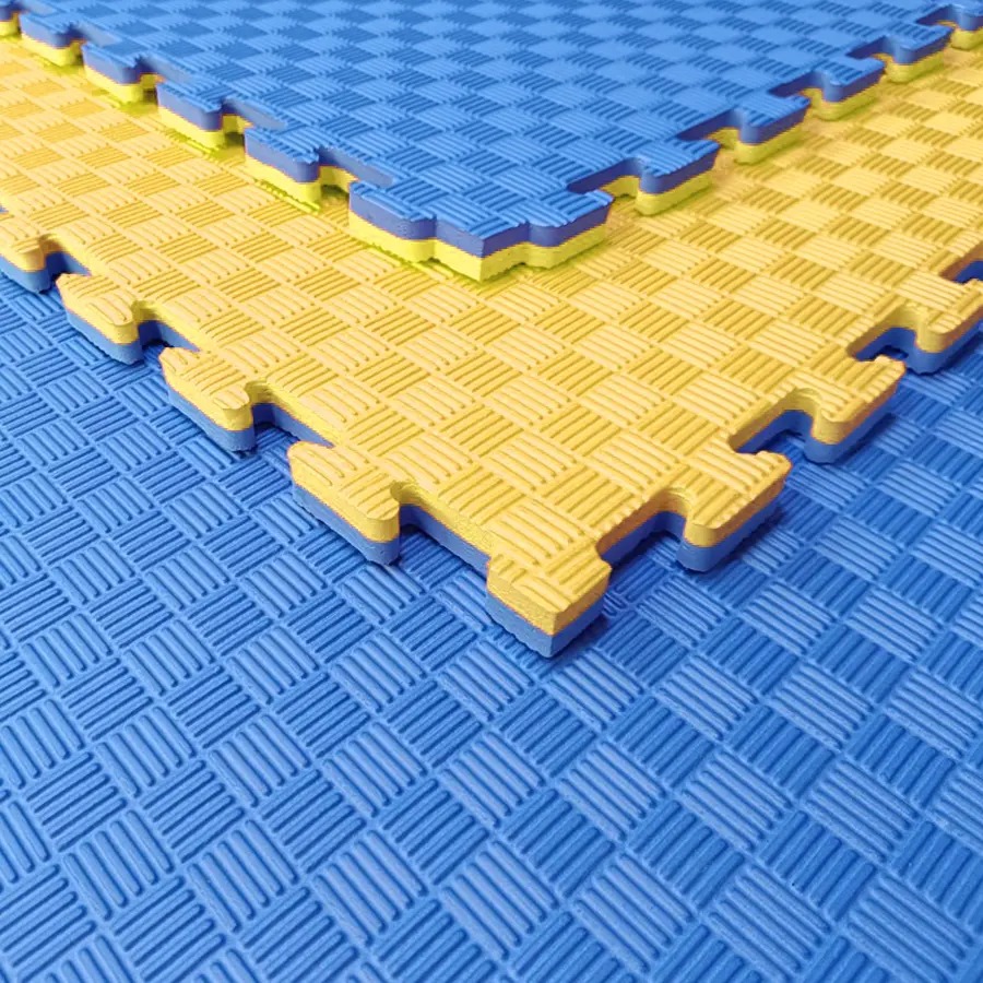Tatami EVA 1x1 m 2.5 cm Azul/Amarillo – Piso Antigolpes Encastrable para Gimnasio y Deporte