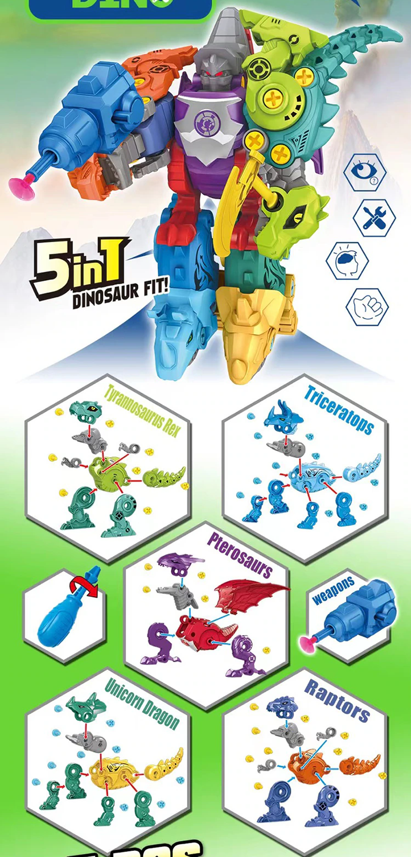 DINOSAURIO ARMABLE 5 EN 1, PRECIO PUBLICADO ES AL POR MAYOR Y DEBEN SER 3 UNIDADES DEL MISMO  (KL012) 1