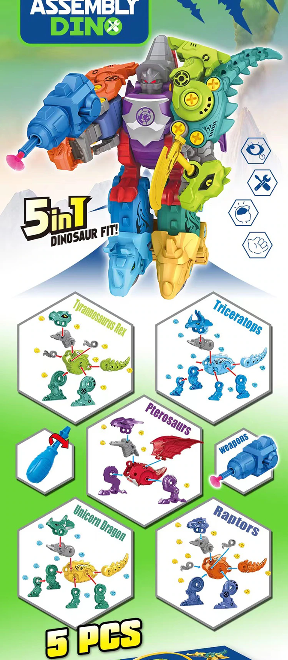 DINOSAURIO ARMABLE 5 EN 1, PRECIO PUBLICADO ES AL POR MAYOR Y DEBEN SER 3 UNIDADES DEL MISMO  (KL012) 1