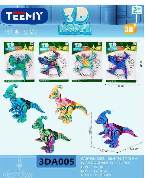 FIGURA 3D SENSORIALES DINOSAURIO, 3 DEL MISMO POR MAYOR  (3DA005)