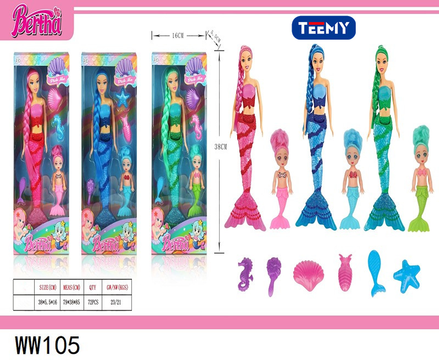 MUÑECA SIRENA CON ACCESORIOS , 3 DEL MISMO POR MAYOR  (WW105) 1