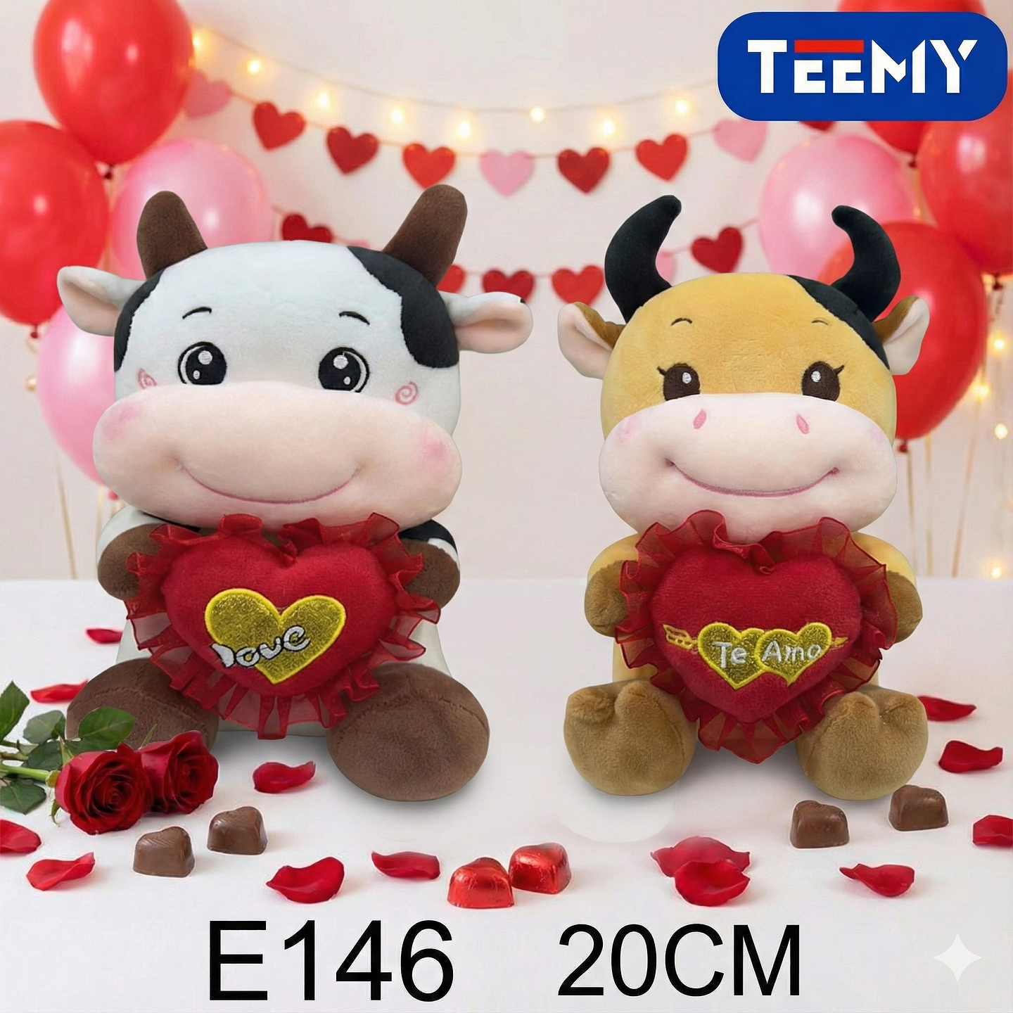 PELUCHE VACA AMOR 20 CM, PRECIO PUBLICADO ES AL POR MAYOR Y DEBEN SER 3 UNIDADES DEL MISMO  (E146) 1