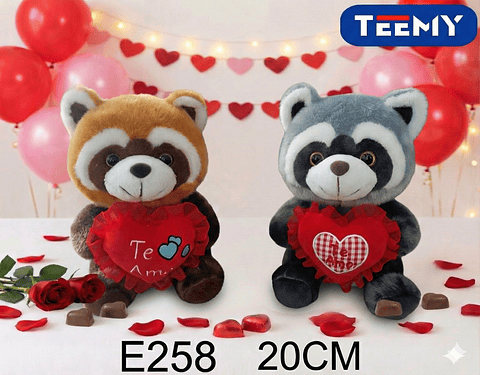 PELUCHE MAPACHE AMOR 20 CM , PRECIO PUBLICADO ES AL POR MAYOR Y DEBEN SER 3 UNIDADES DEL MISMO  (E258)