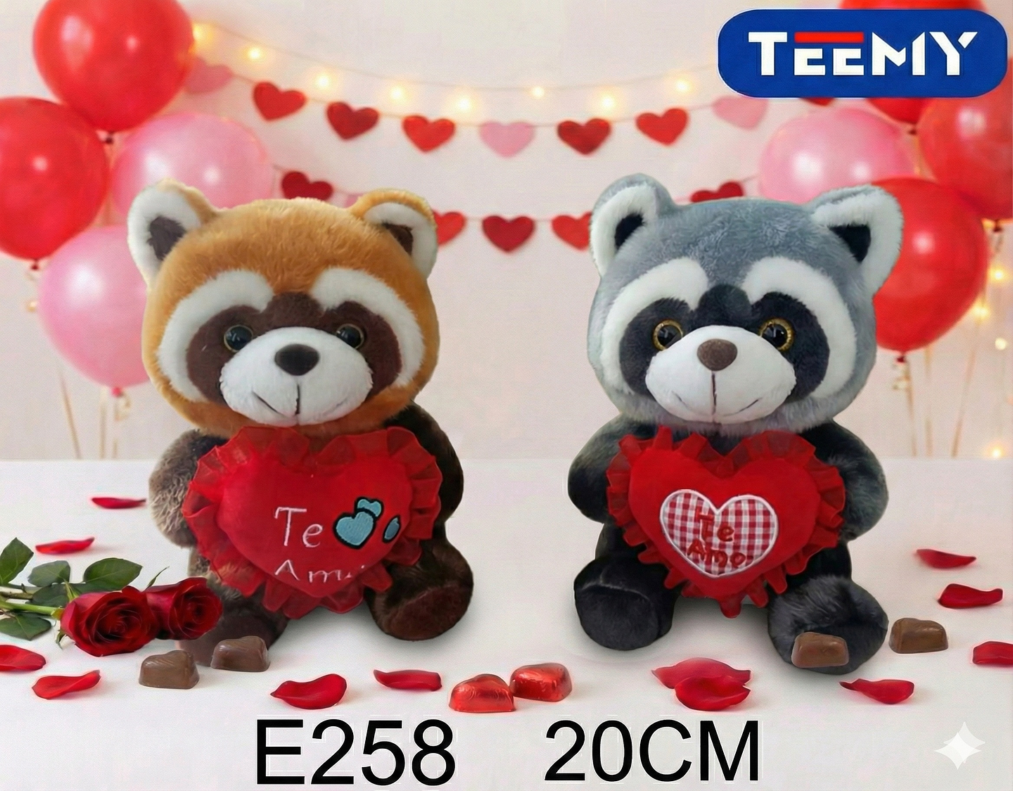 PELUCHE MAPACHE AMOR 20 CM , PRECIO PUBLICADO ES AL POR MAYOR Y DEBEN SER 3 UNIDADES DEL MISMO  (E258) 1