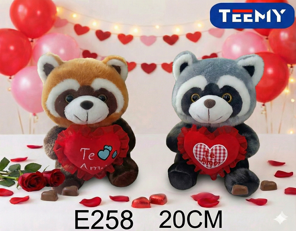 PELUCHE MAPACHE AMOR 20 CM , PRECIO PUBLICADO ES AL POR MAYOR Y DEBEN SER 3 UNIDADES DEL MISMO  (E258) 1