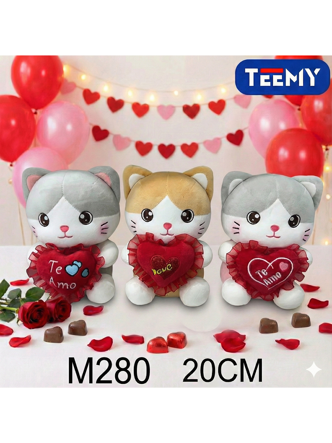 PELUCHE GATO AMOR 20 CM, PRECIO PUBLICADO ES AL POR MAYOR Y DEBEN SER 3 UNIDADES DEL MISMO  1