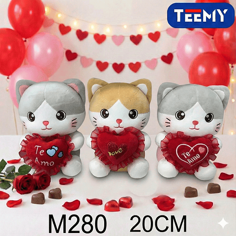 PELUCHE GATO AMOR 20 CM, PRECIO PUBLICADO ES AL POR MAYOR Y DEBEN SER 3 UNIDADES DEL MISMO  (M280)