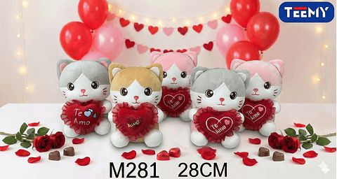 PELUCHE GATO AMOR 28 CM, PRECIO PUBLICADO ES AL POR MAYOR Y DEBEN SER 3 UNIDADES DEL MISMO  (M281)