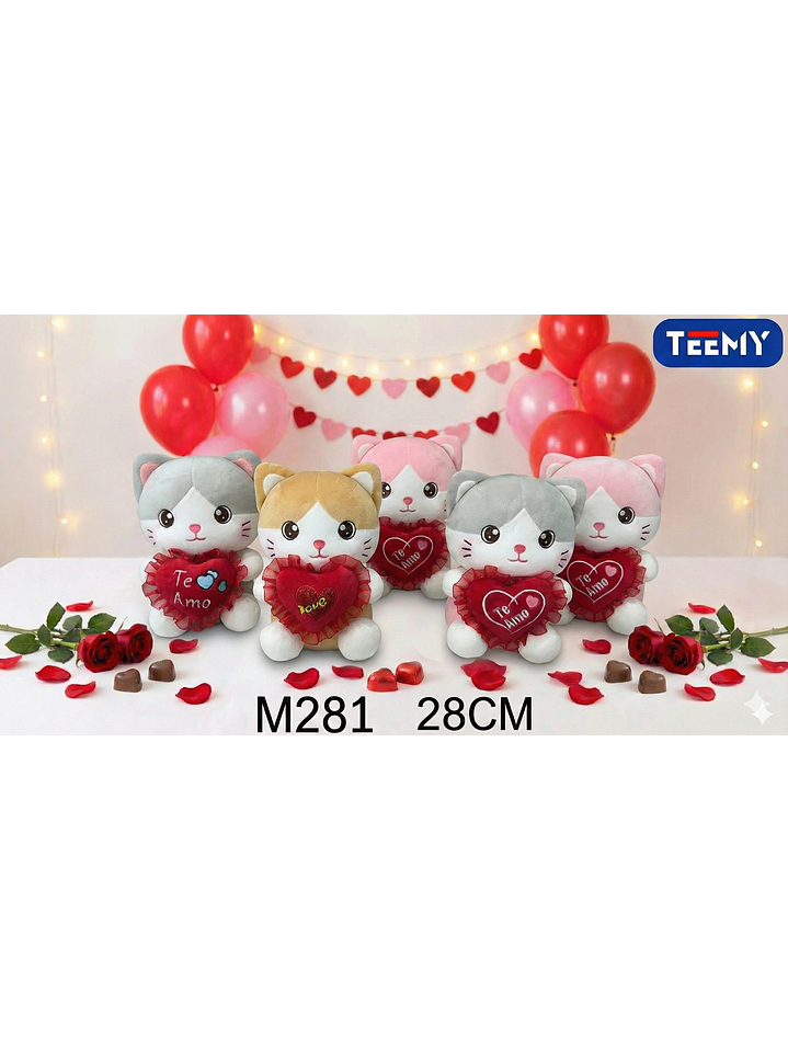 PELUCHE GATO AMOR 28 CM, PRECIO PUBLICADO ES AL POR MAYOR Y DEBEN SER 3 UNIDADES DEL MISMO  1