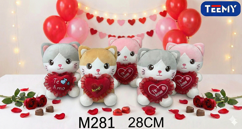 PELUCHE GATO AMOR 28 CM, PRECIO PUBLICADO ES AL POR MAYOR Y DEBEN SER 3 UNIDADES DEL MISMO  (M281) 1