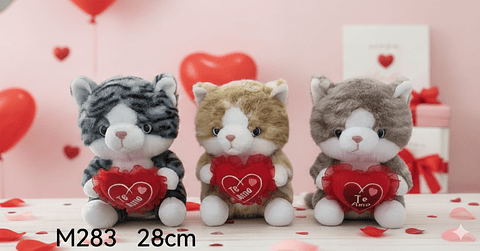 PELUCHE GATO AMOR 28 CM, PRECIO PUBLICADO ES AL POR MAYOR Y DEBEN SER 3 UNIDADES DEL MISMO  (M283)