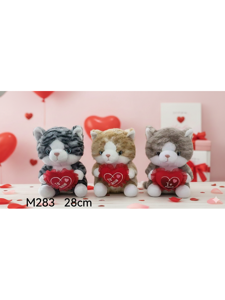 PELUCHE GATO AMOR 28 CM, PRECIO PUBLICADO ES AL POR MAYOR Y DEBEN SER 3 UNIDADES DEL MISMO  1