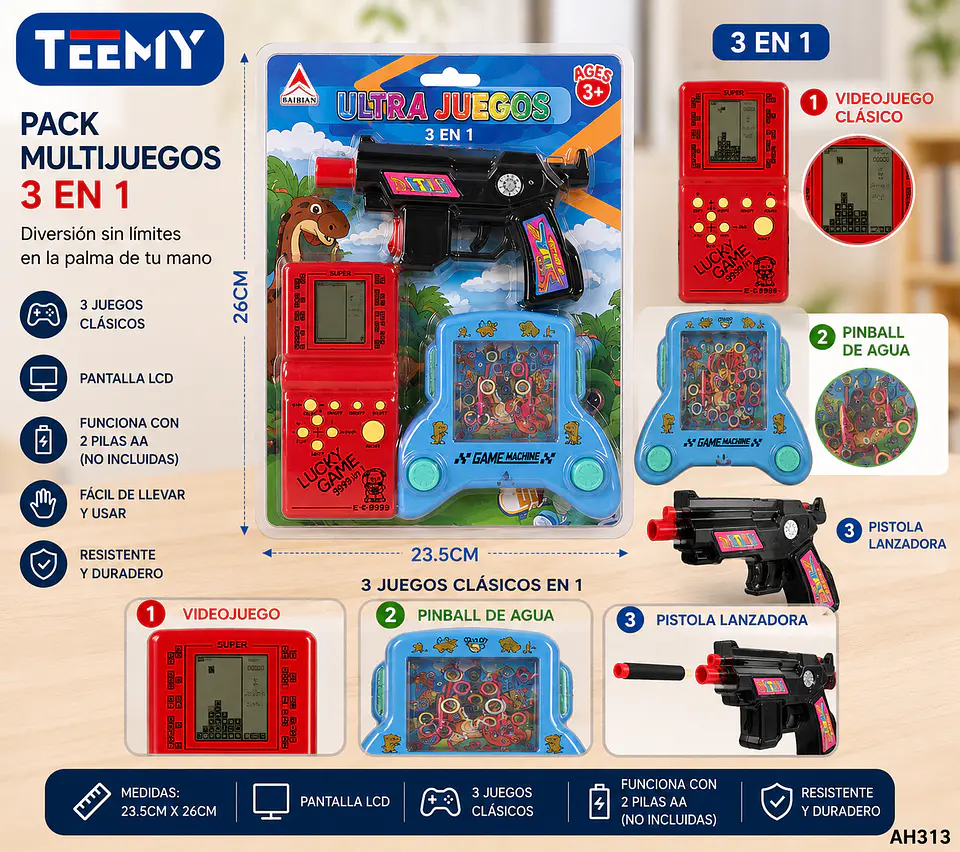 CONSOLA RETRO 3 EN 1, PINBALL DE AGUA Y PISTOLA NERF, 3 DEL MISMO POR MAYOR (AH313) 1