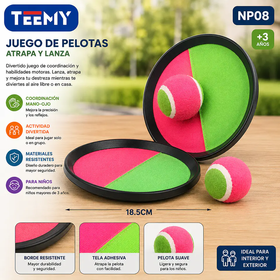 RAQUETA CON PELOTA 18.5 CM PAQUETE 6 PIEZAS (NP08) 1