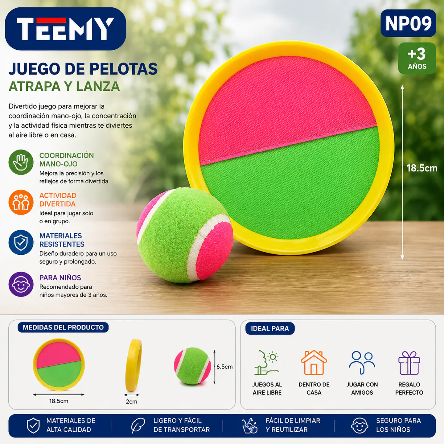 RAQUETAS CON PELOTAS 18.5 CM PAQUETE 6 PIEZAS (NP09) 1