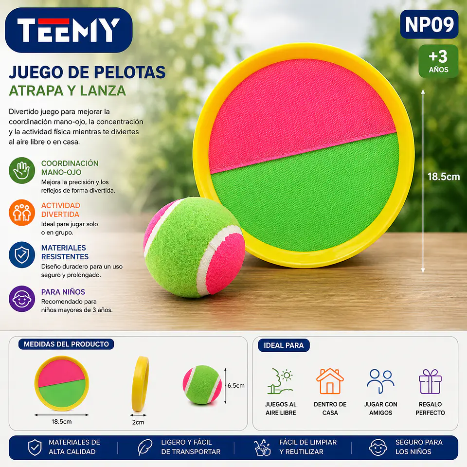 RAQUETAS CON PELOTAS 18.5 CM PAQUETE 6 PIEZAS (NP09) 1