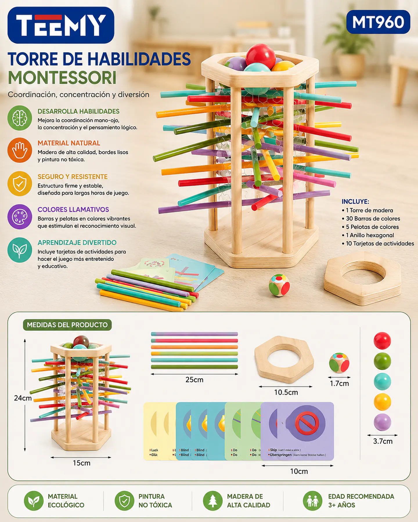TORRE DE HABILIDADES MADERA MONTESSORI, 3 DEL MISMO POR MAYOR  (MT960) 1