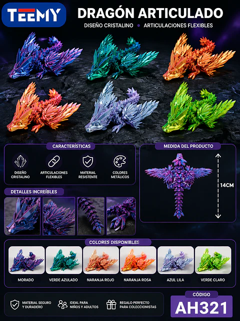 FIGURA DRAGON 3D ARTICULADO PAQUETE 12 PIEZAS (AH321)