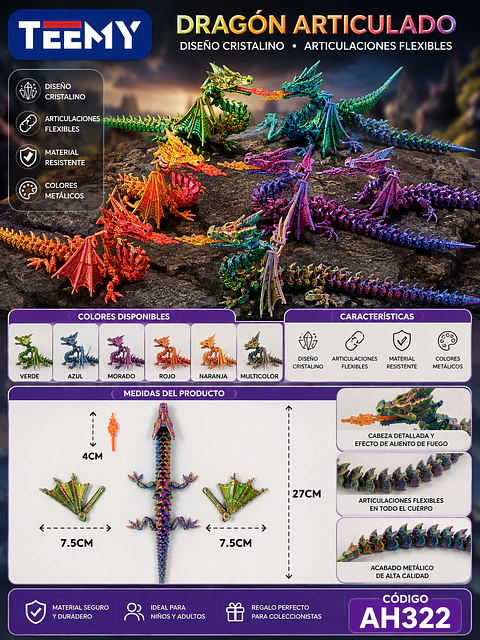 FIGURA DRAGON 3D ARTICULADO PAQUETE 12 PIEZAS (AH322)