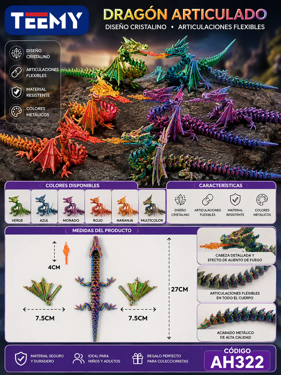 FIGURA DRAGON 3D ARTICULADO, 3 DEL MISMO POR MAYOR (AH322) 1