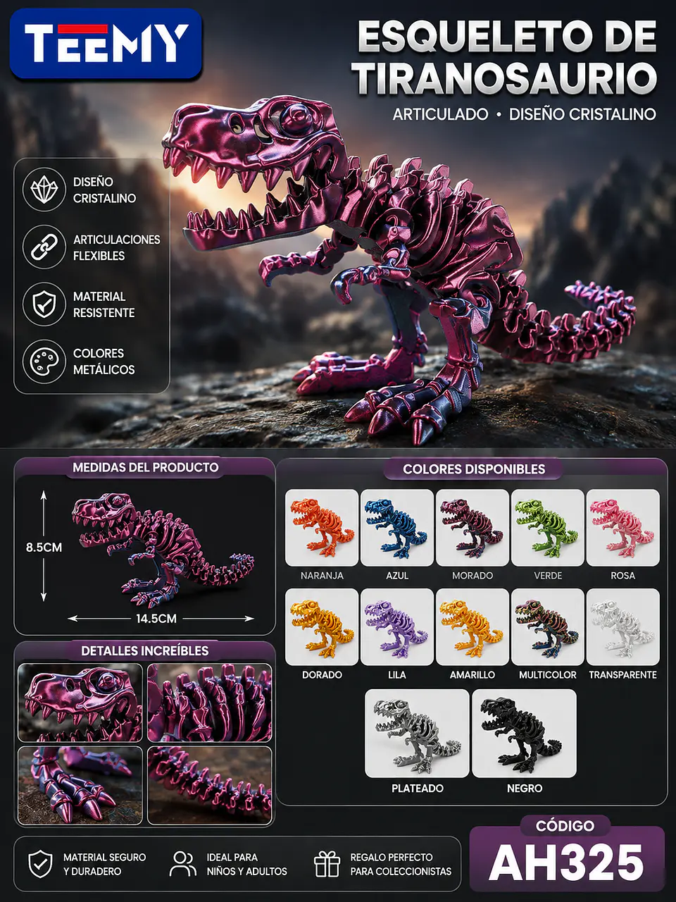 FIGURA DINOSAURIO 3D ARTICULADO , 3 DEL MISMO POR MAYOR (AH325) 1