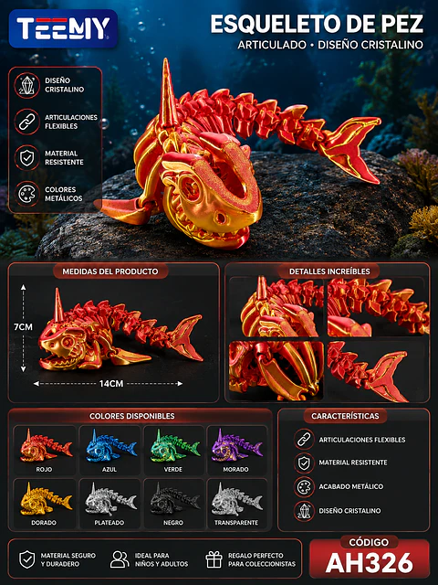 FIGURA ESQUELETO PEZ 3D ARTICULADO PAQUETE 12 PIEZAS (AH326)