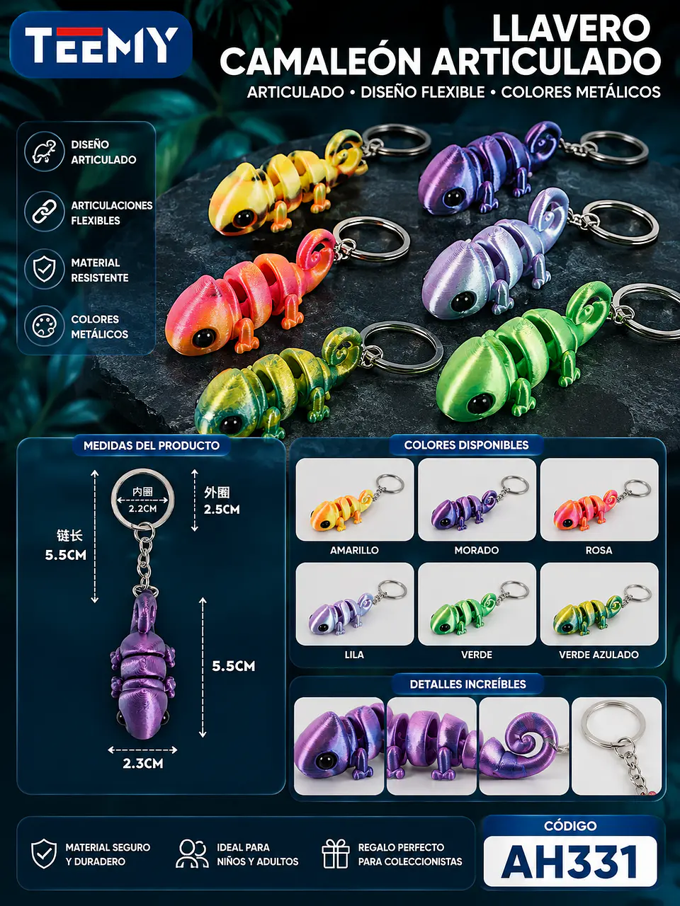 LLAVERO CAMALEON 3D ARTICULADO PAQUETE 12 PIEZAS (AH331) 1