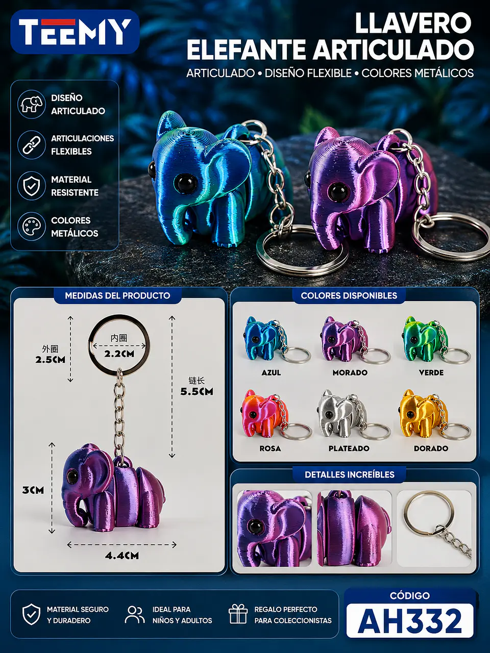 LLAVERO ELEFANTE 3D ARTICULADO PAQUETE 12 PIEZAS (AH332) 1