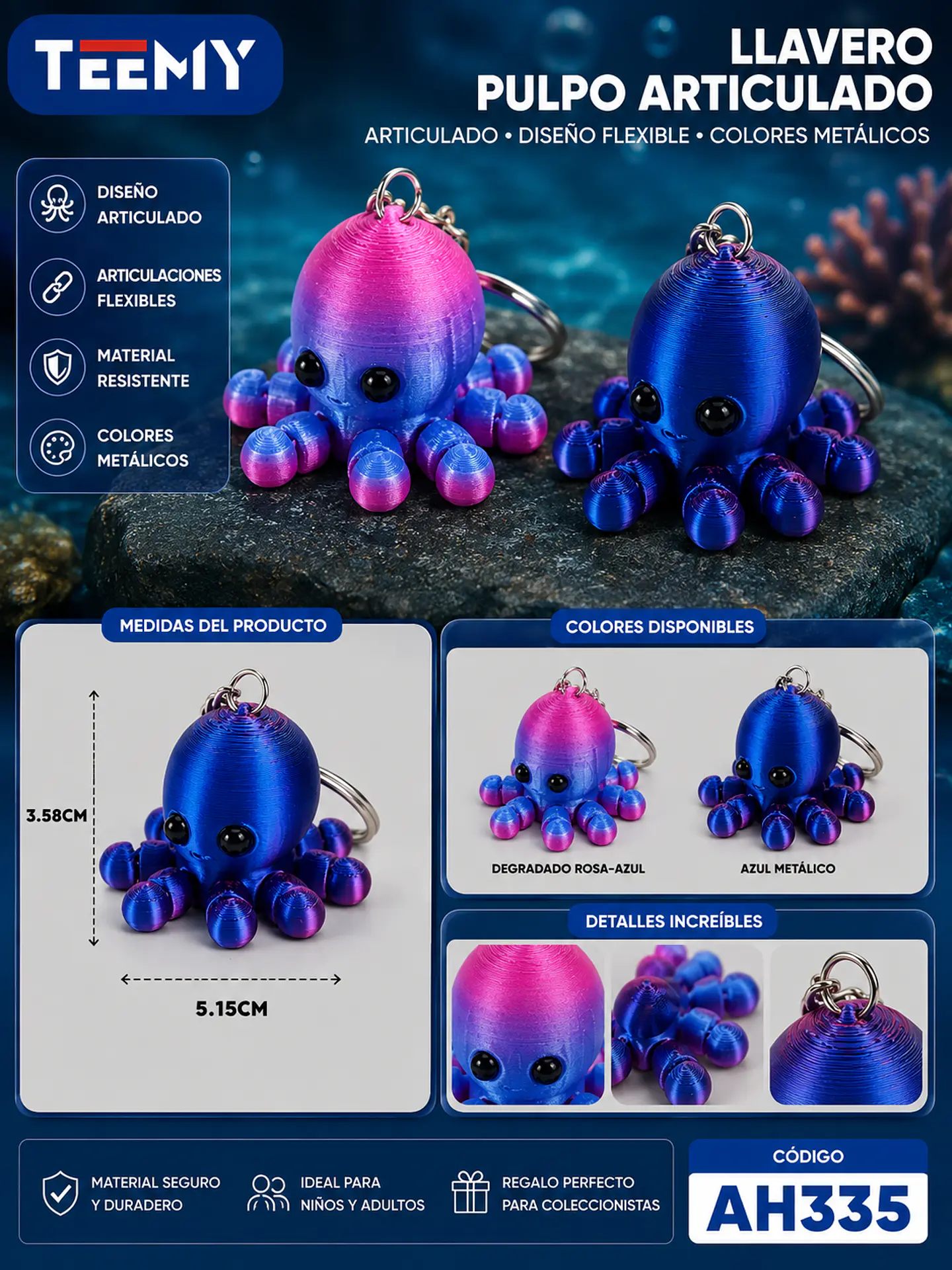 LLAVERO PULPO 3D ARTICULADO PAQUETE 12 PIEZAS 1