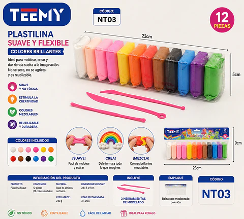 PLASTILINA MASAS MOLDEABLES PAQUETE 12 PIEZAS (NT03)