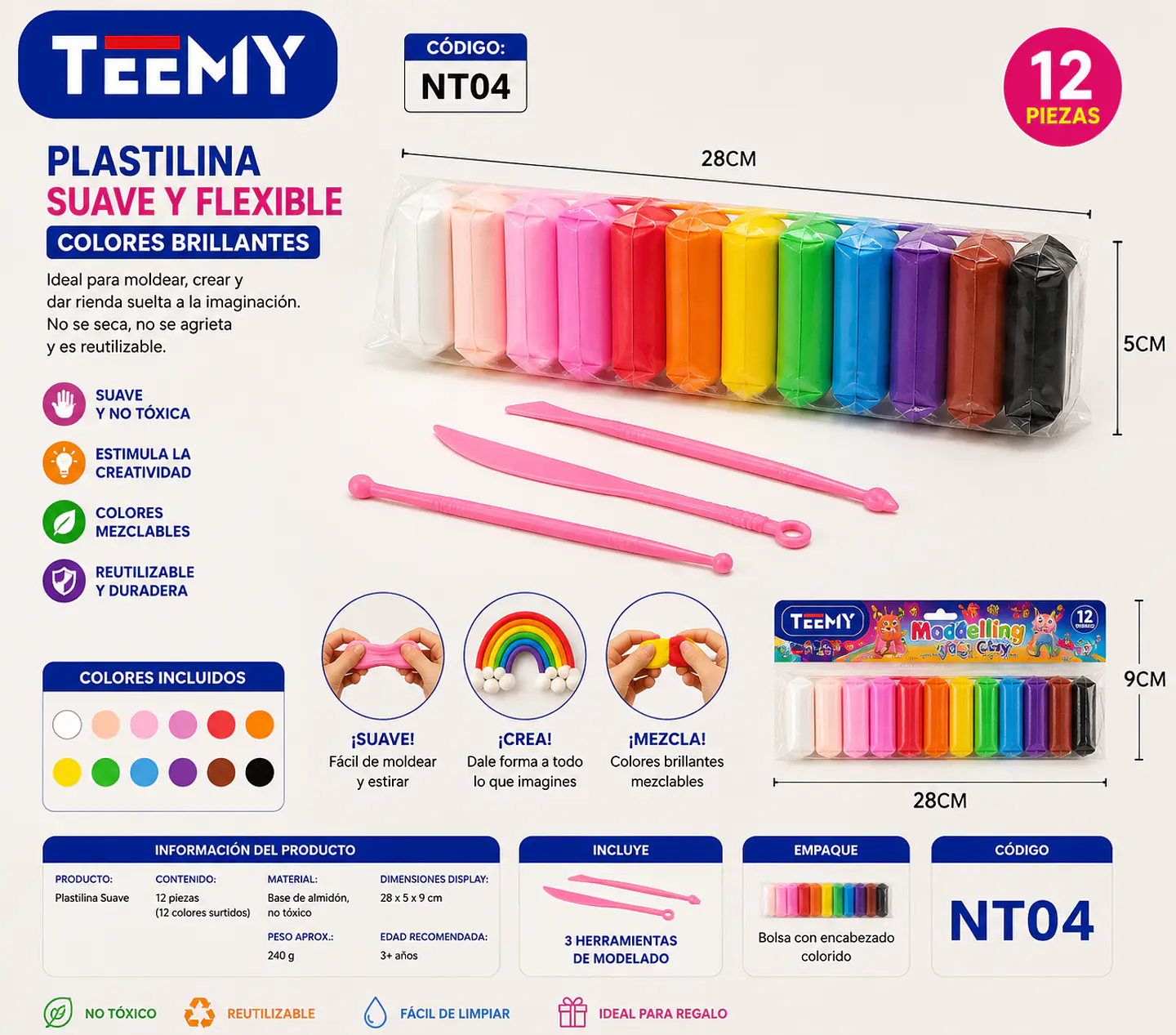 PLASTILINA MASAS MOLDEABLES PAQUETE 12 PIEZAS (NT04) 1