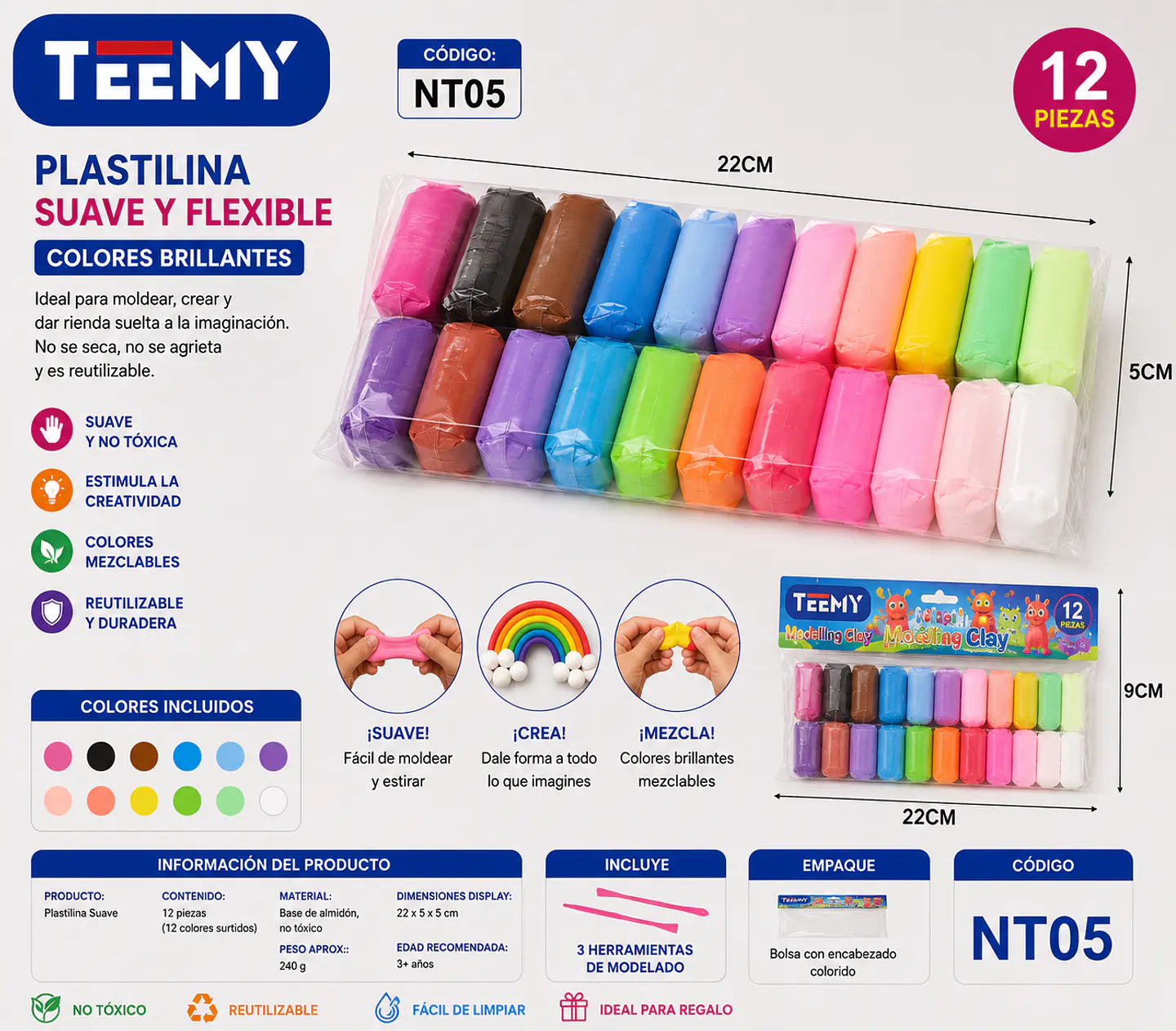 PLASTILINA MASAS MOLDEABLES PAQUETE 12 PIEZAS (NT05) 1