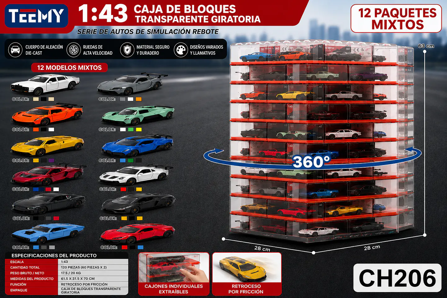 EXHIBIDOR DE AUTOS ESCALA 60 UNIDADES DE AUTOS (CH206) 1