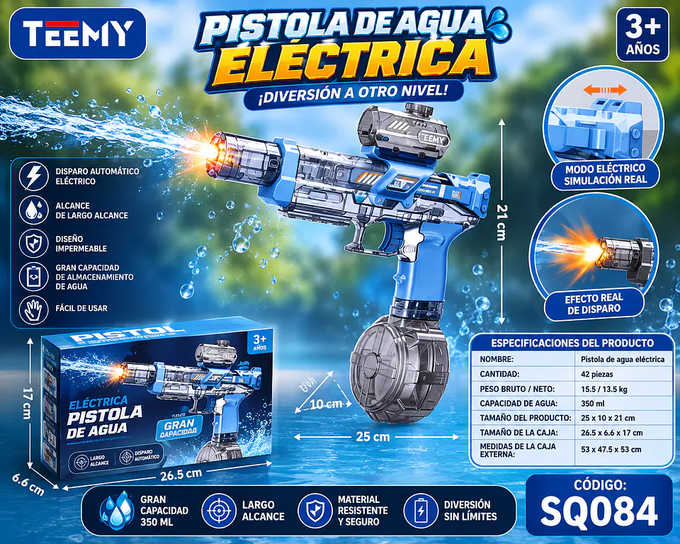 PISTOLA DE AGUA A BATERIA CON LUCES, 3 DEL MISMO POR MAYOR (SQ084) 2