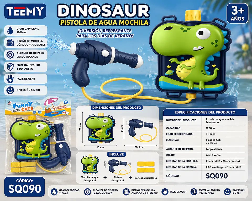 MOCHILA LANZA AGUA DINOSAURIO, 3 DEL MISMO POR MAYOR (SQ090) 1