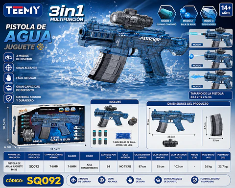 PISTOLA 3 EN 1 (NERF,HIDROGEL,AGUA) 3 DEL MISMO POR MAYOR (SQ092)