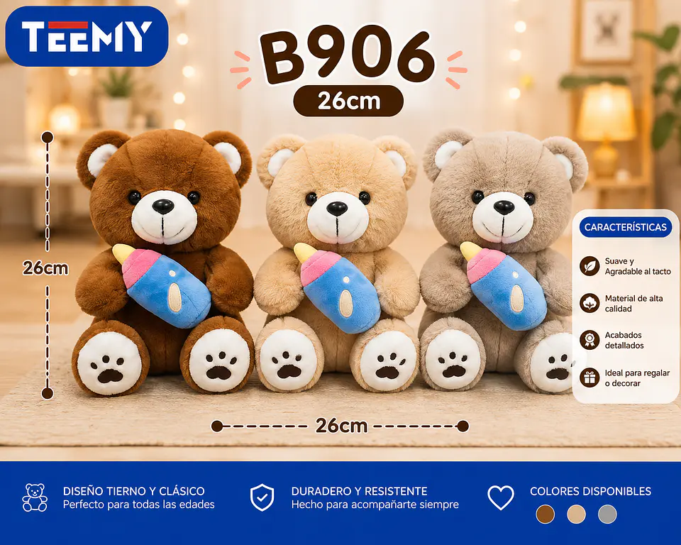 PELUCHE OSO 26 CM, 3 DEL MISMO POR MAYOR (B906) 1