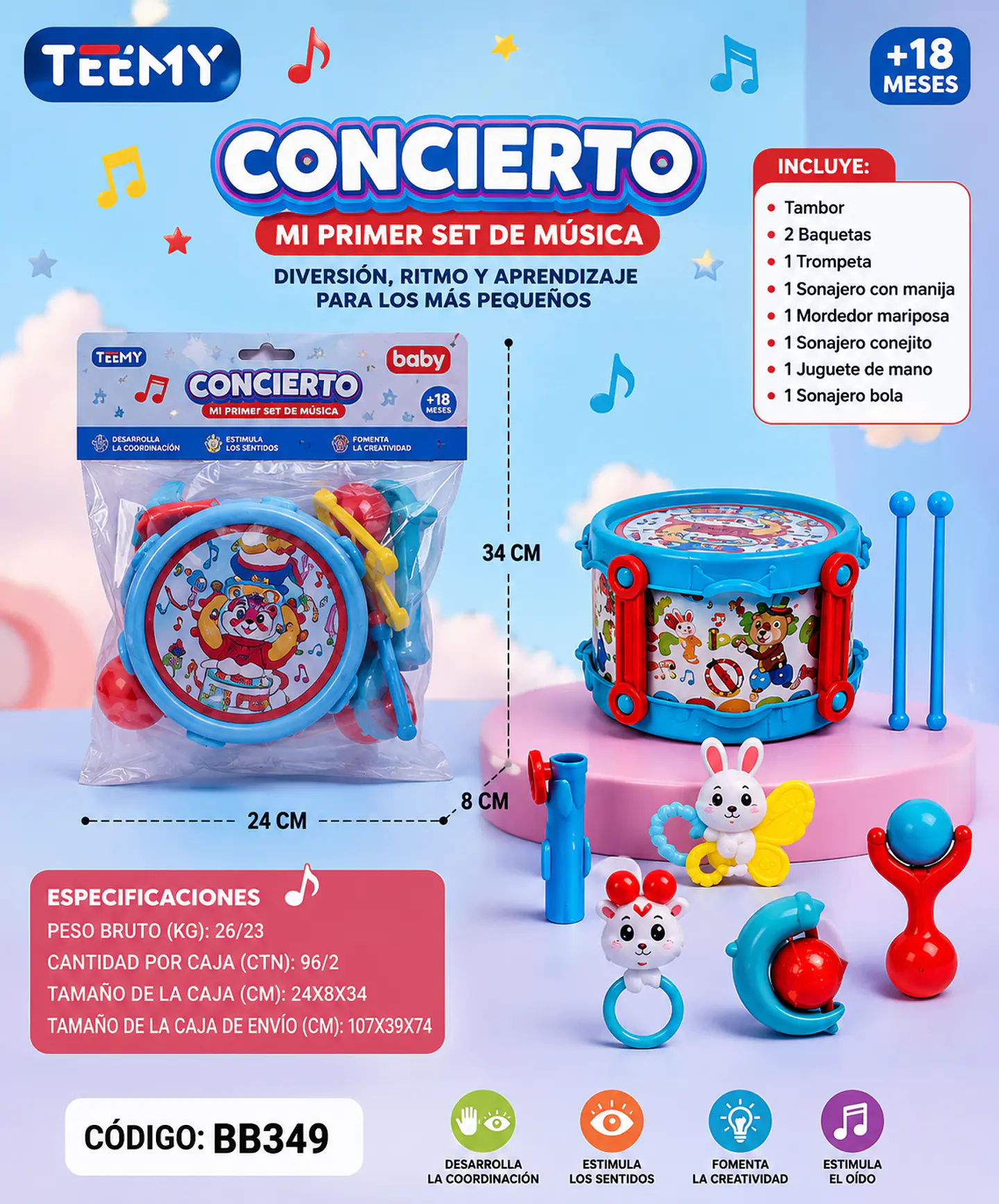 TAMBOR CON SONAJERO, 3 DEL MISMO POR MAYOR (BB349) 1