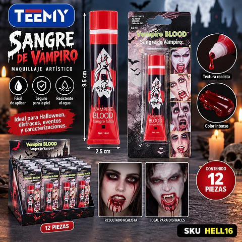 MAQUILLAJE SANGRE VAMPIRO PAQUETE 12 PIEZAS (HELL16)