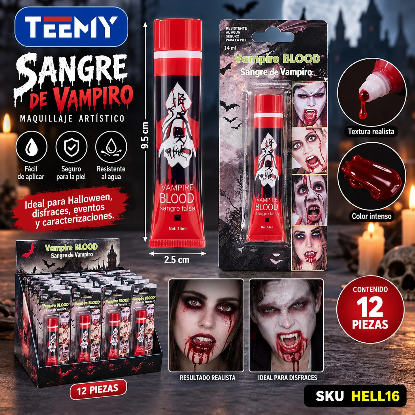 MAQUILLAJE SANGRE VAMPIRO PAQUETE 12 PIEZAS (HELL16) 1