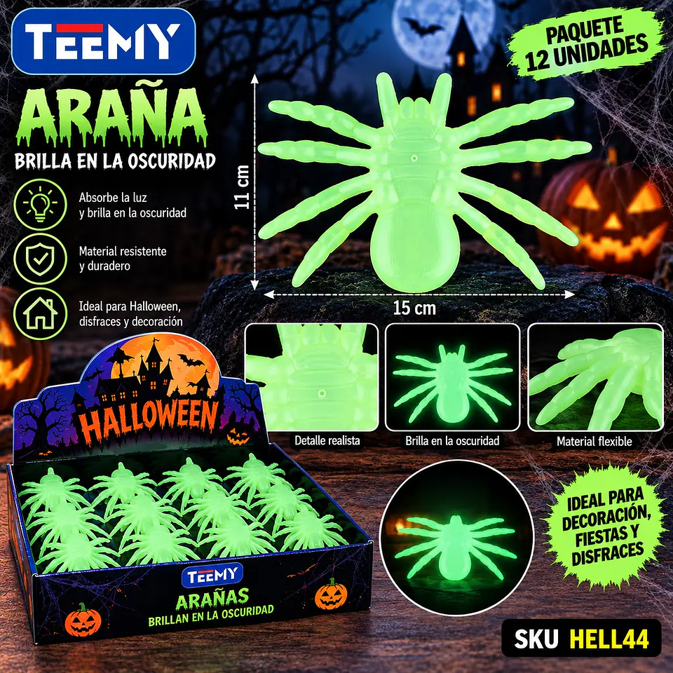 ARAÑA BRILLA EN LA OSCURIDAD PAQUETE 12 UNIDADES 11 X 15 CM (HELL44) 1