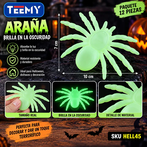 ARAÑA BRILLA EN LA OSCURIDAD PAQUETE 12 PIEZAS 10 X 7 CM (HELL45)