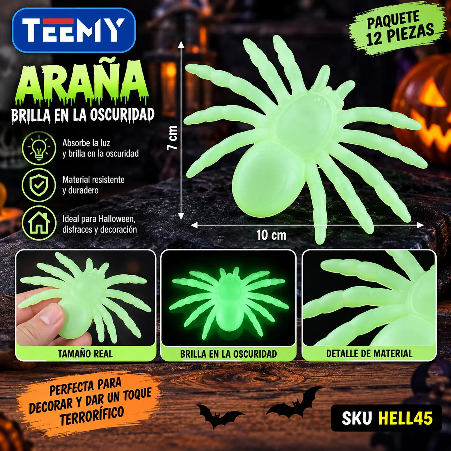 ARAÑA BRILLA EN LA OSCURIDAD PAQUETE 12 PIEZAS 10 X 7 CM (HELL45) 1