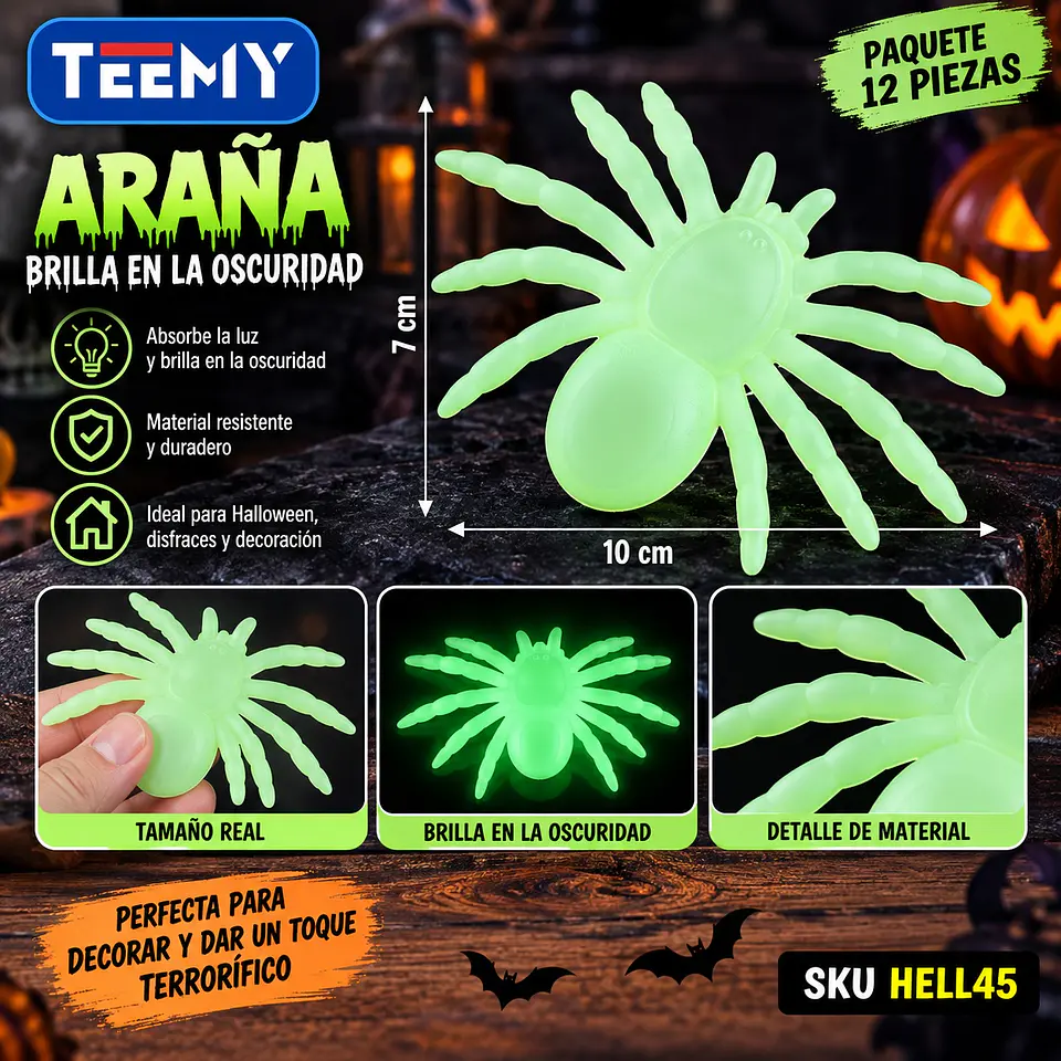 ARAÑA BRILLA EN LA OSCURIDAD PAQUETE 12 PIEZAS 10 X 7 CM (HELL45) 1
