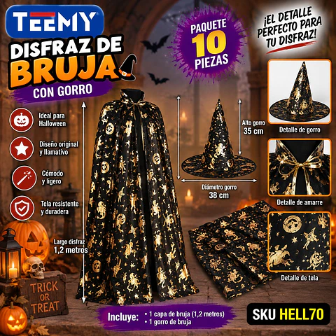 DISFRAZ CON GORRO 1.2 MTS PAQUETE 10 PIEZAS (HELL70)