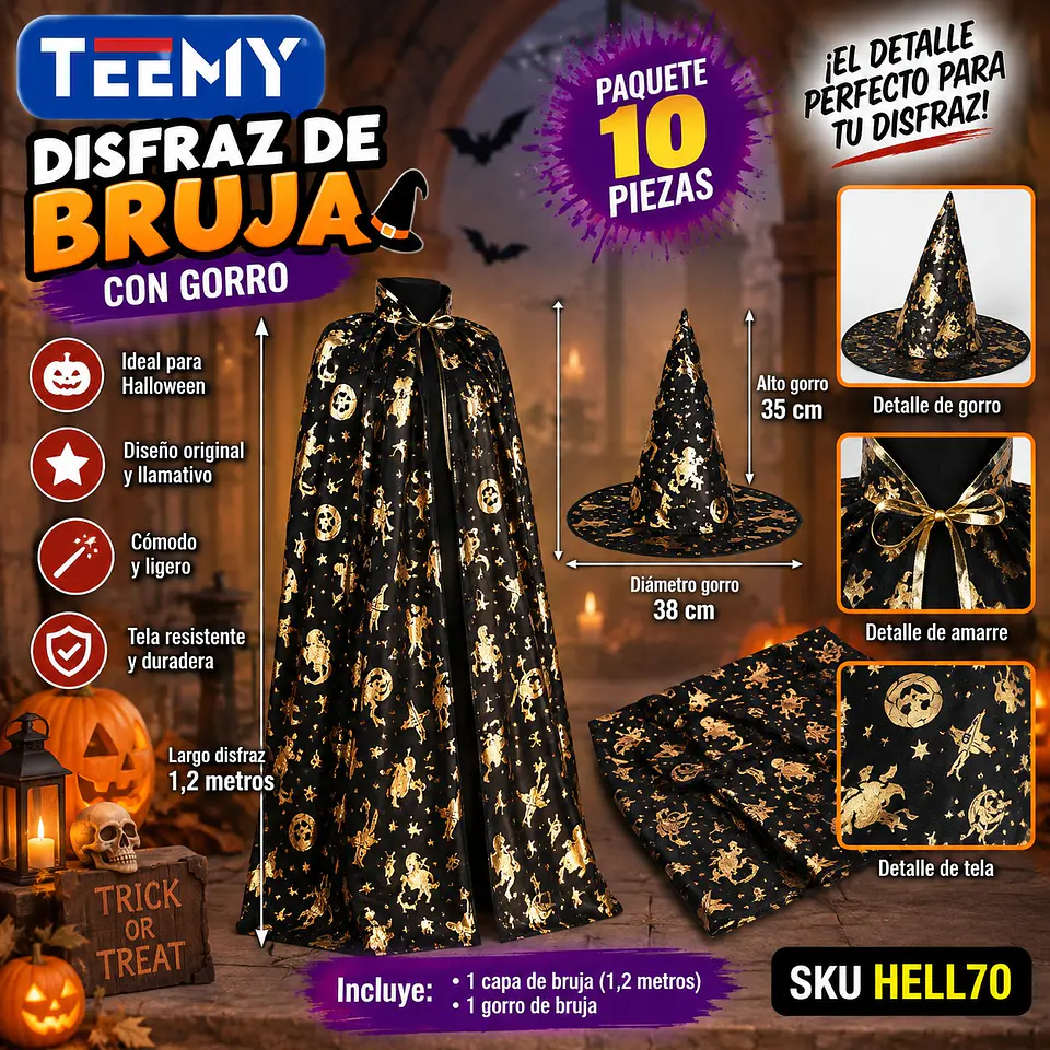 DISFRAZ CON GORRO 1.2 MTS PAQUETE 10 PIEZAS (HELL70) 1