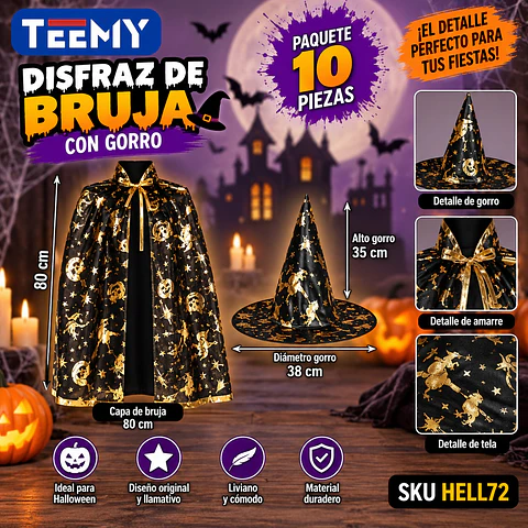 DISFRAZ CON GORRO 80 CM PAQUETE 10 PIEZAS (HELL72)