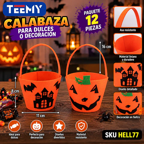 CALABAZA DECORACION HALLOWEEN PAQUETE 12 PIEZAS (HELL77)